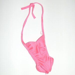 Vintage Barbie Doll Pink Ruched Swimsuit 1 Piece Bathing Suit Ties at Neck Snaps